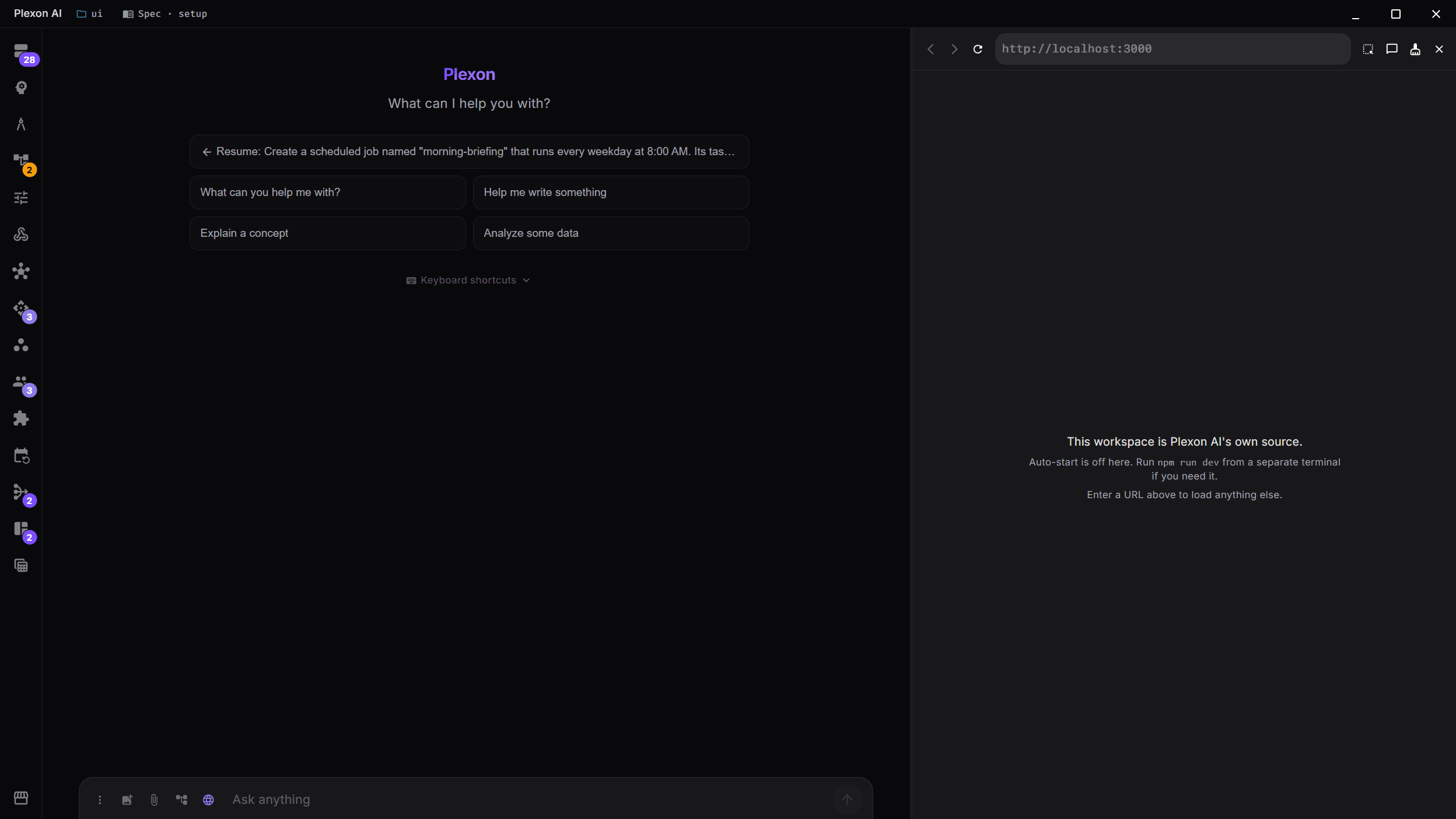 The embedded browser docked to the right of the chat, with its URL bar, inspect crosshair, and send-to-chat controls