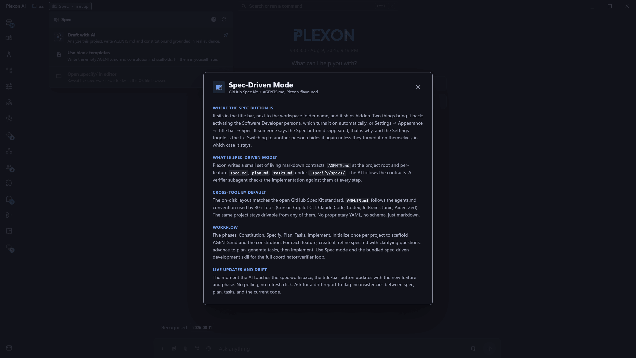 The Spec-Driven Mode help dialog explaining the constitution, specify, plan, tasks, and implement workflow