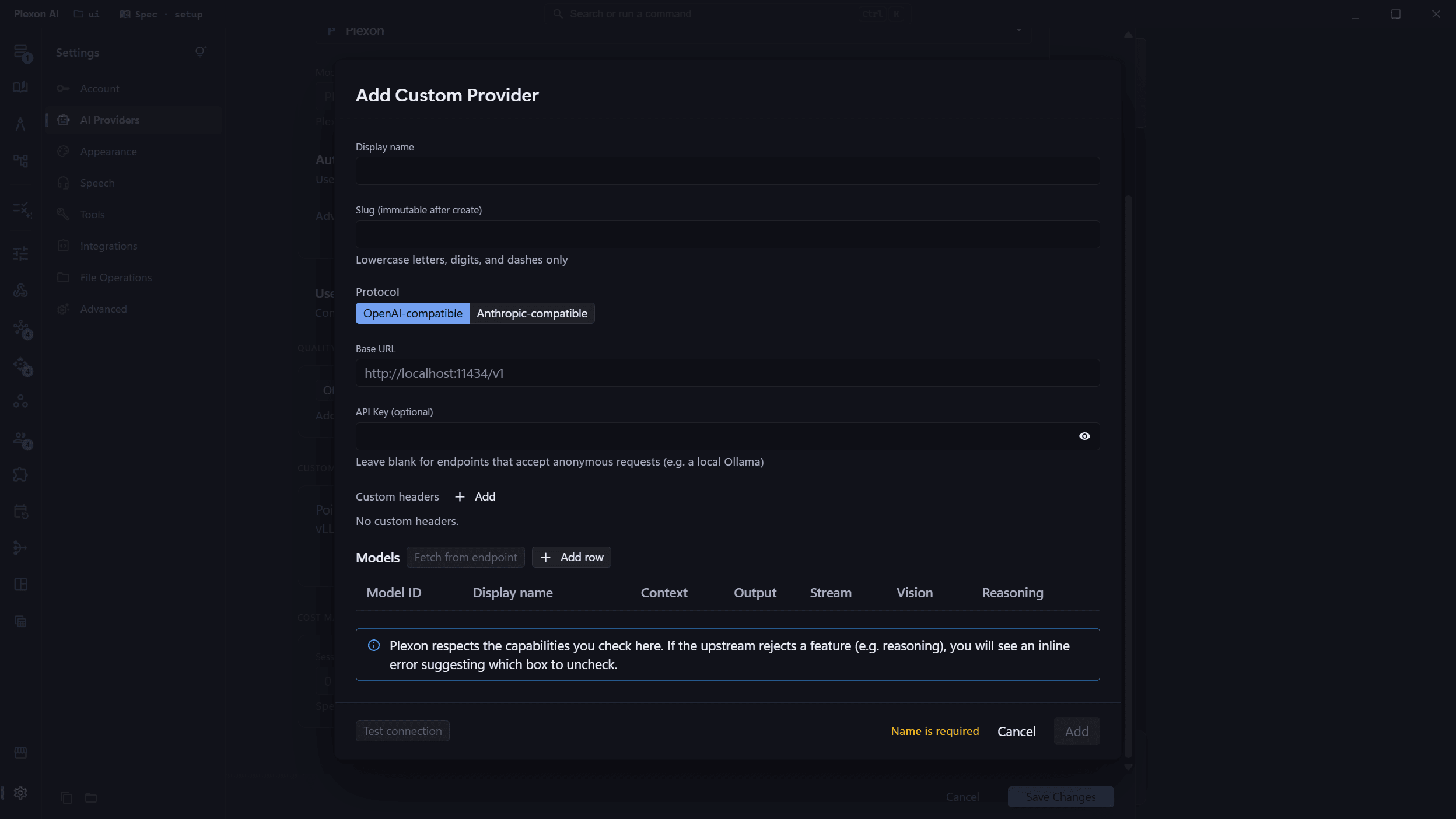 Adding a custom provider: protocol, base URL, optional API key, and the models it serves