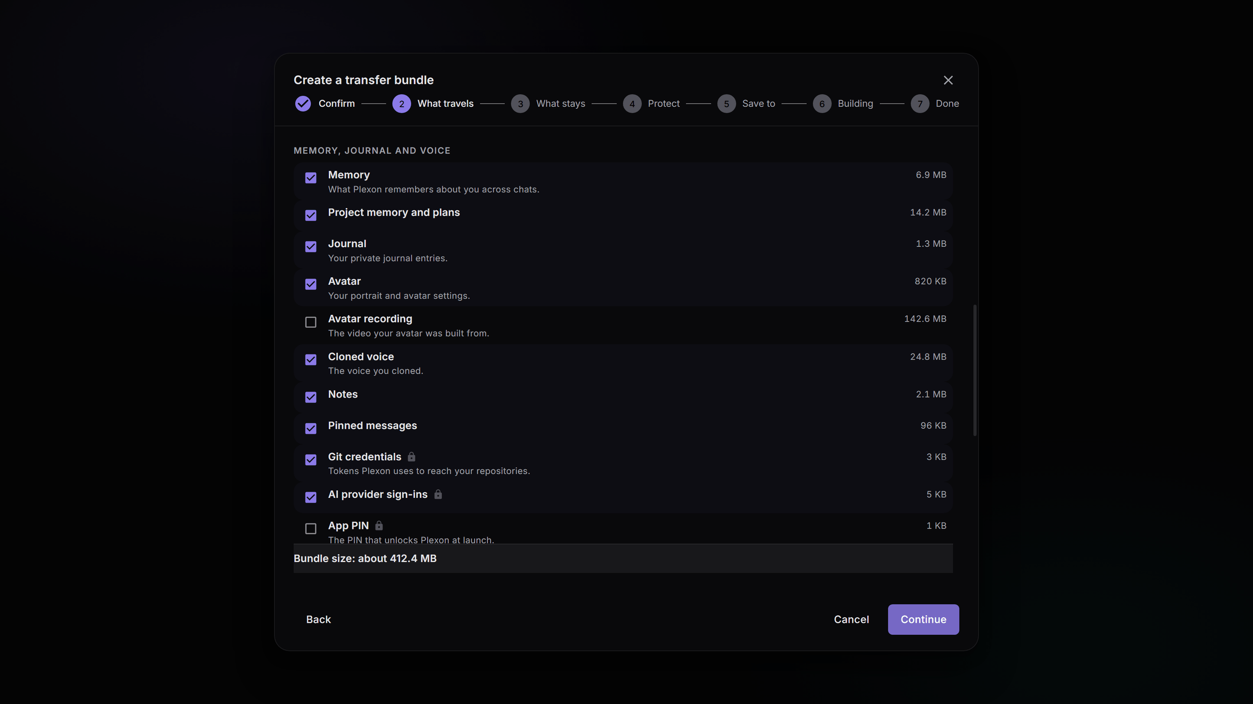 The export wizard on its What travels step, with memory, project memory and plans, journal, avatar, cloned voice, notes, git credentials and the app PIN each on their own row with a size, and a running bundle total pinned to the bottom