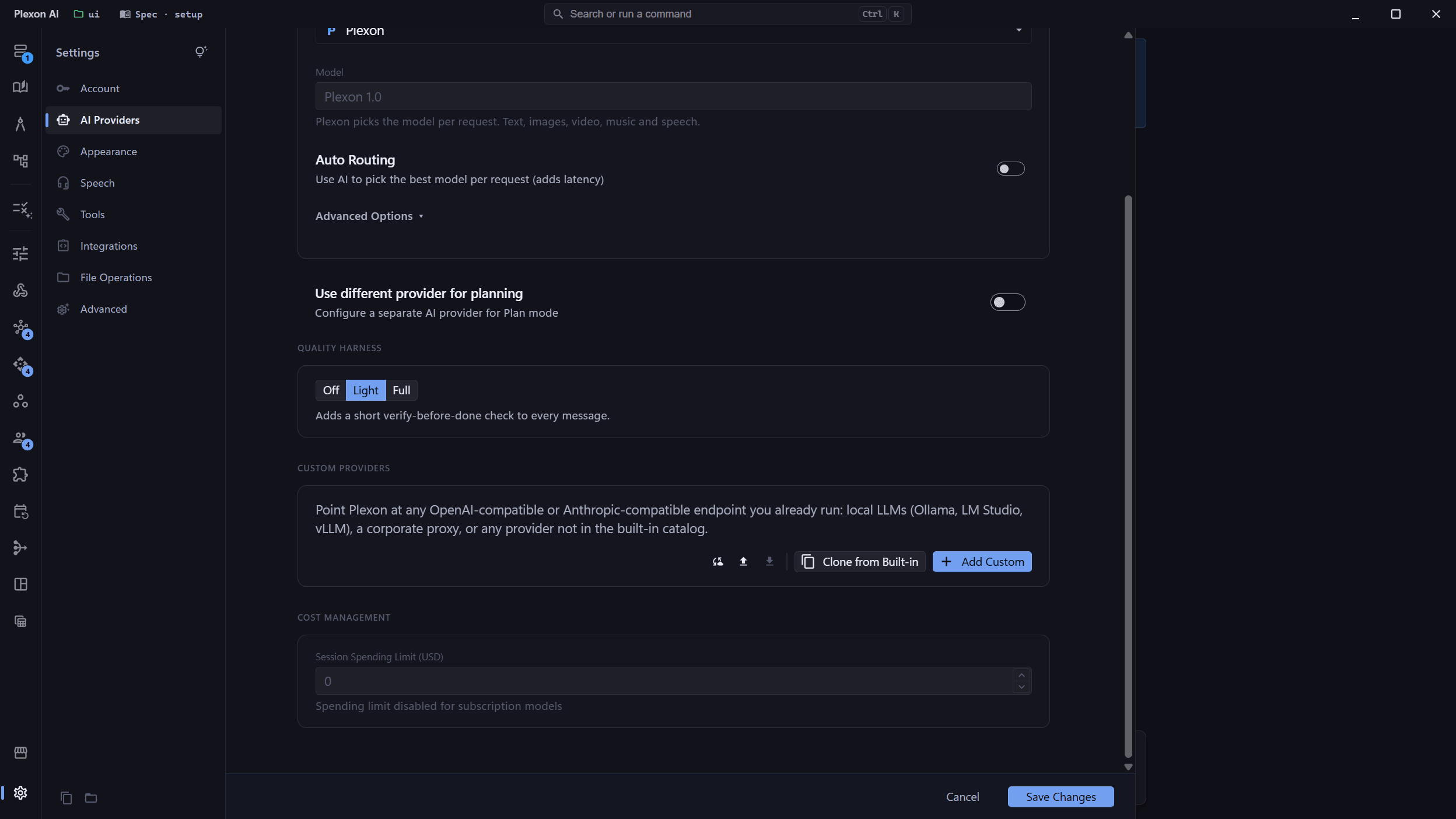 The quality harness set to Light, which adds a verify-before-done check to every message