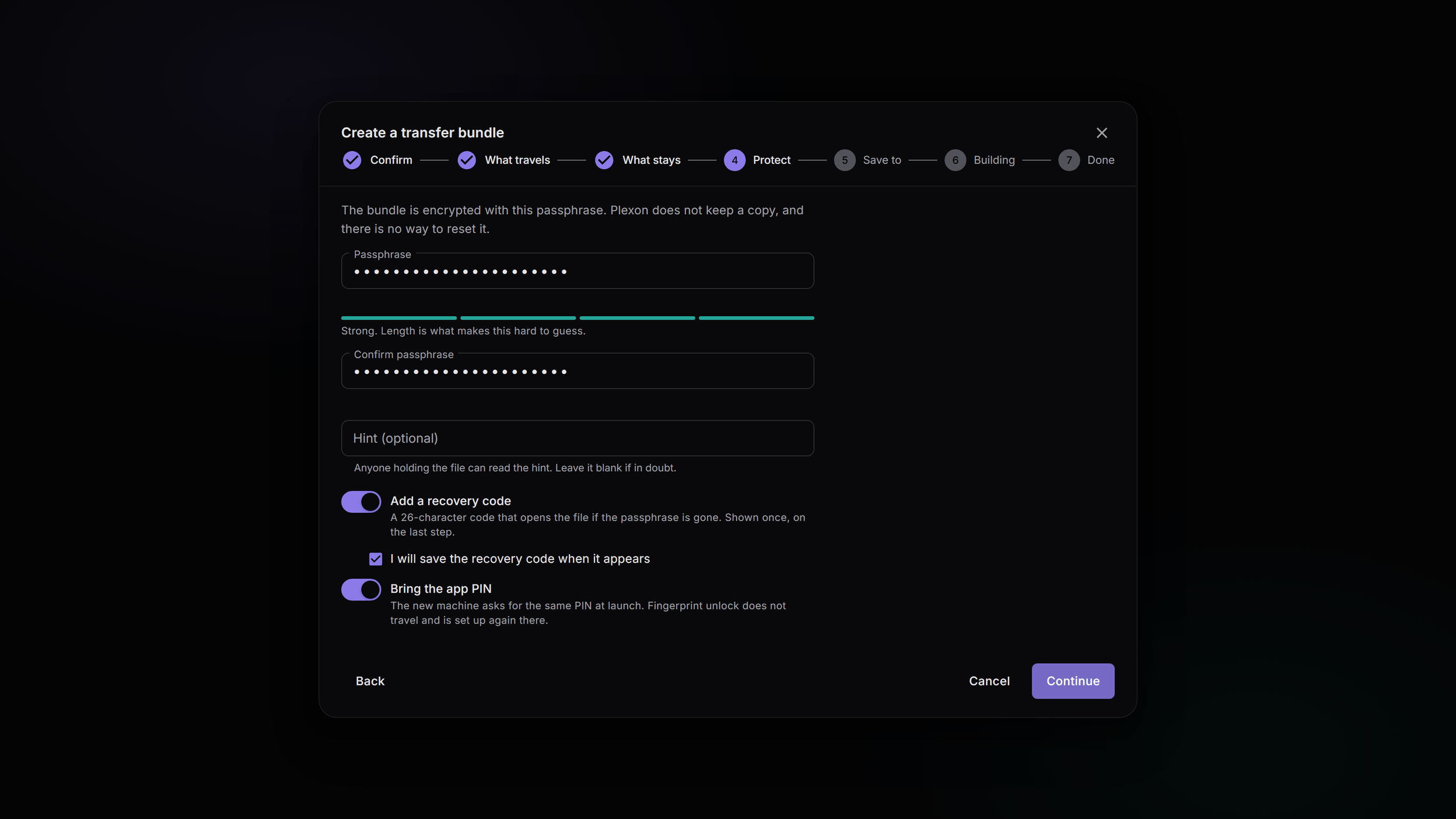 The Protect step of the export wizard: a passphrase field with a four-band strength meter reading Strong, a confirm field, an optional hint, a switch that adds a recovery code, and a switch that brings the app PIN to the new machine