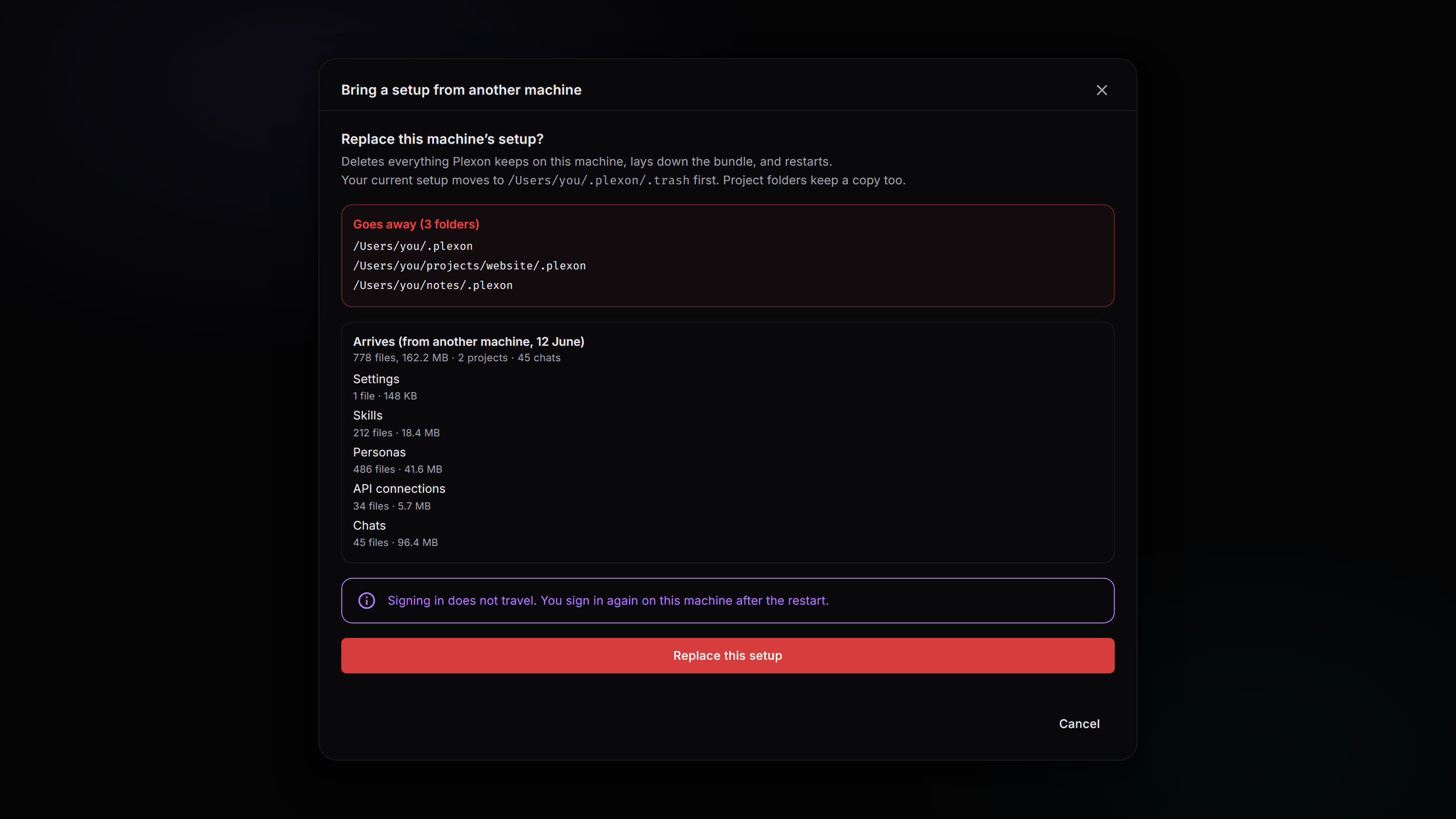 The import confirmation: a red panel headed Goes away (3 folders) listing each of those paths in full, a panel listing what arrives from the bundle with a file count and size per category, a note that signing in does not travel, and a red Replace this setup button