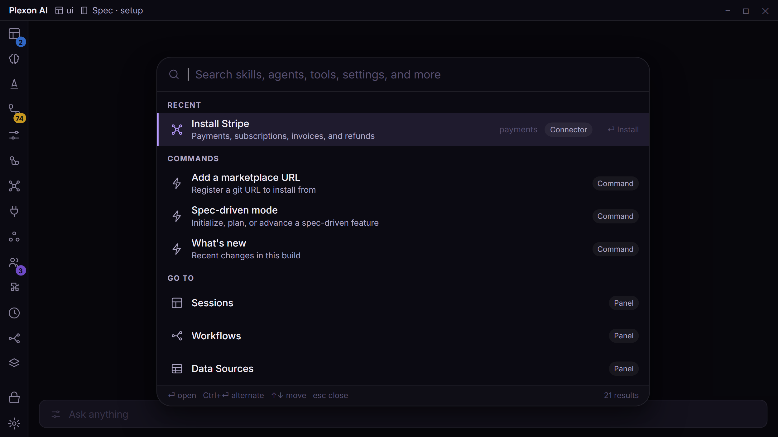 The Plexon command palette open over the chat, grouping recent picks, commands, and panels