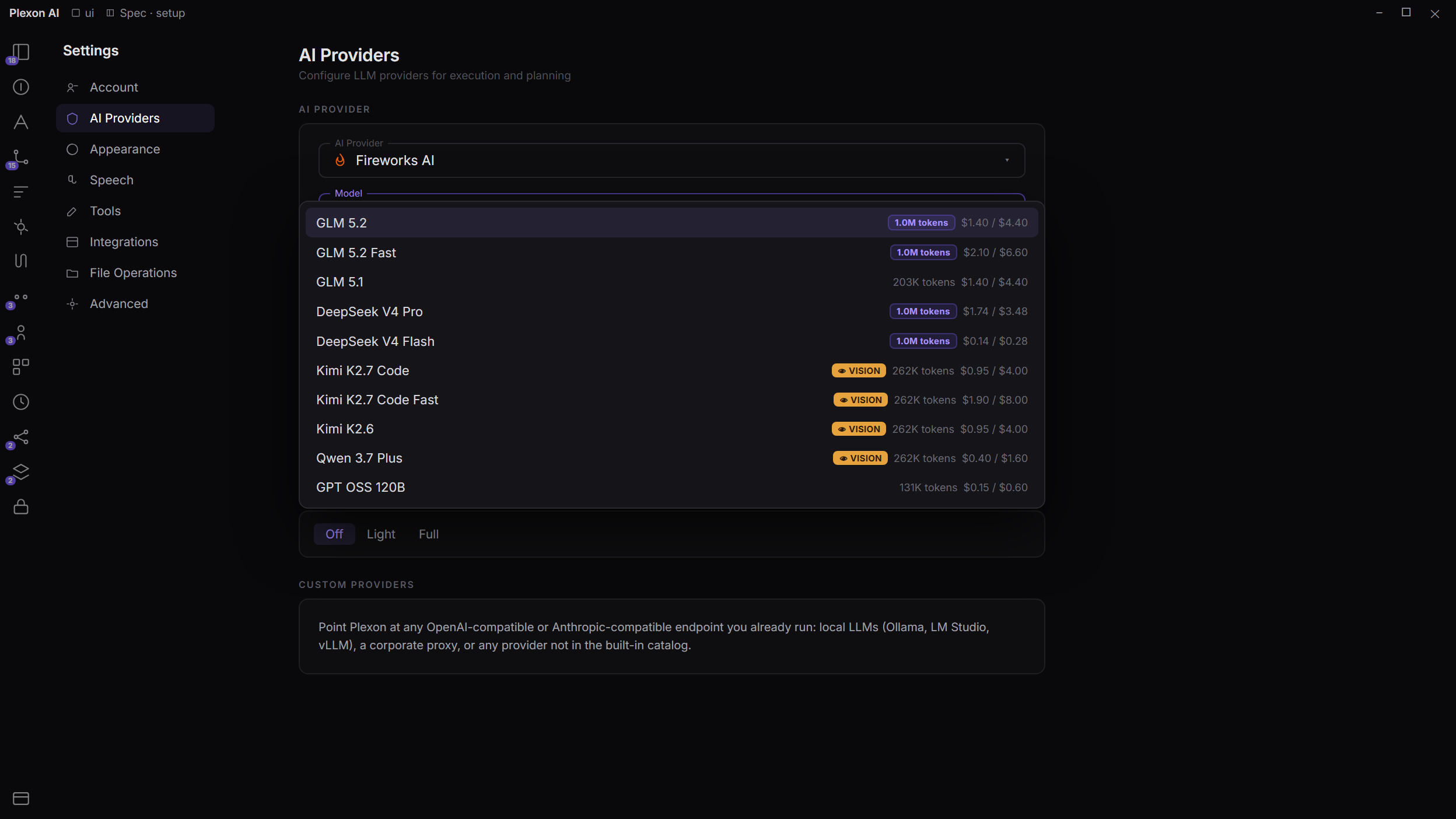 The model picker in Plexon listing the ten Fireworks models with their context windows and per-million rates