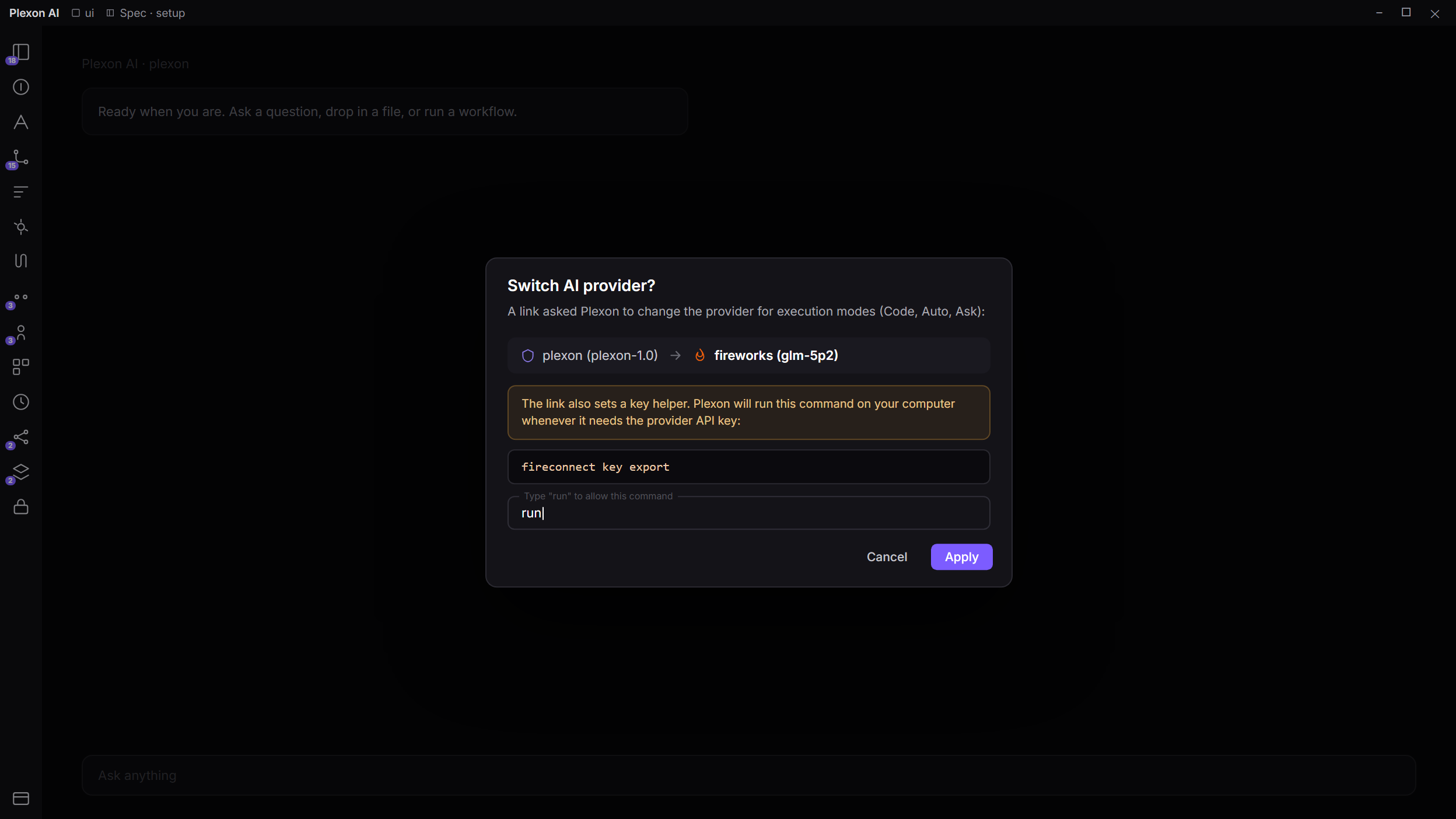 Plexon asking the user to confirm a provider switch to Fireworks, showing the key helper command and a typed confirmation before Apply is enabled