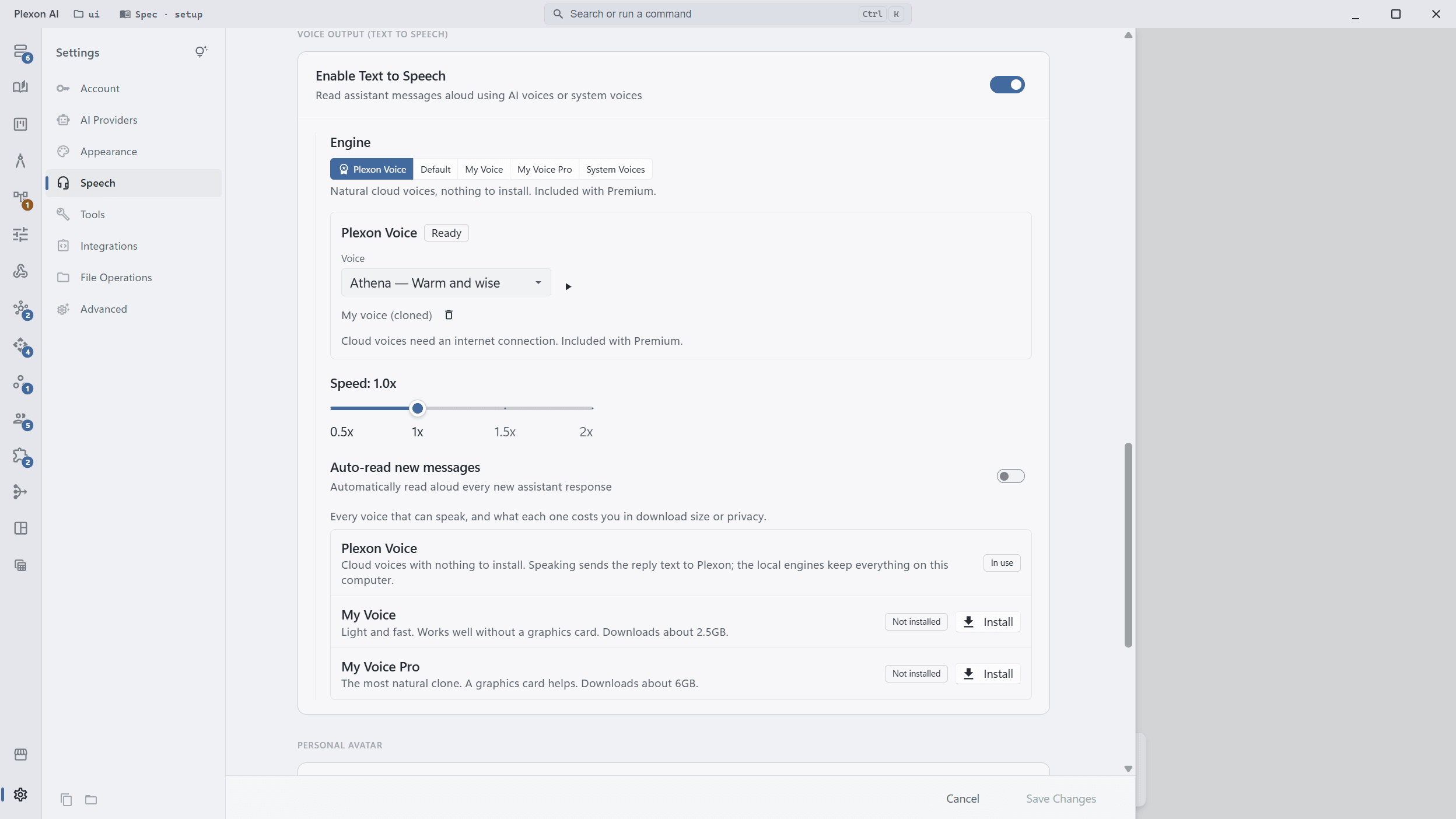 Plexon Voice selected as the speech engine, with the voice picker and Clone your voice button