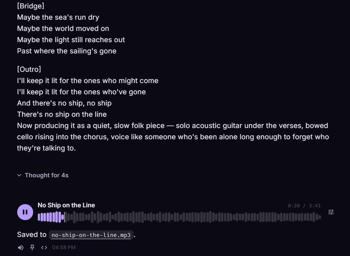 A finished track playing in a Plexon chat, with its lyrics above and a waveform you can scrub