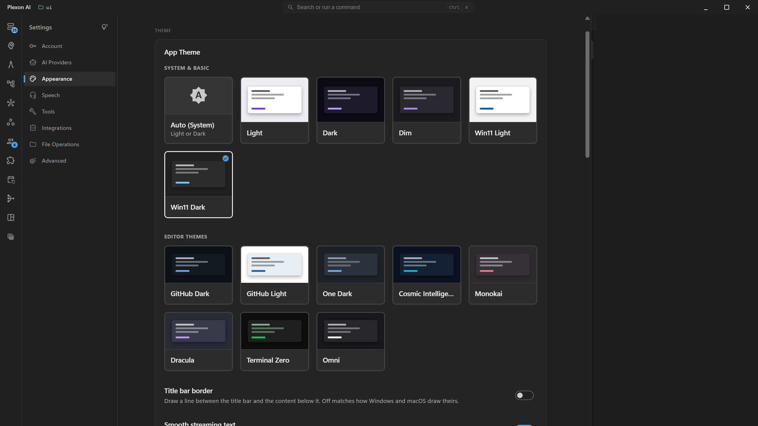The theme picker, showing the Win11 themes