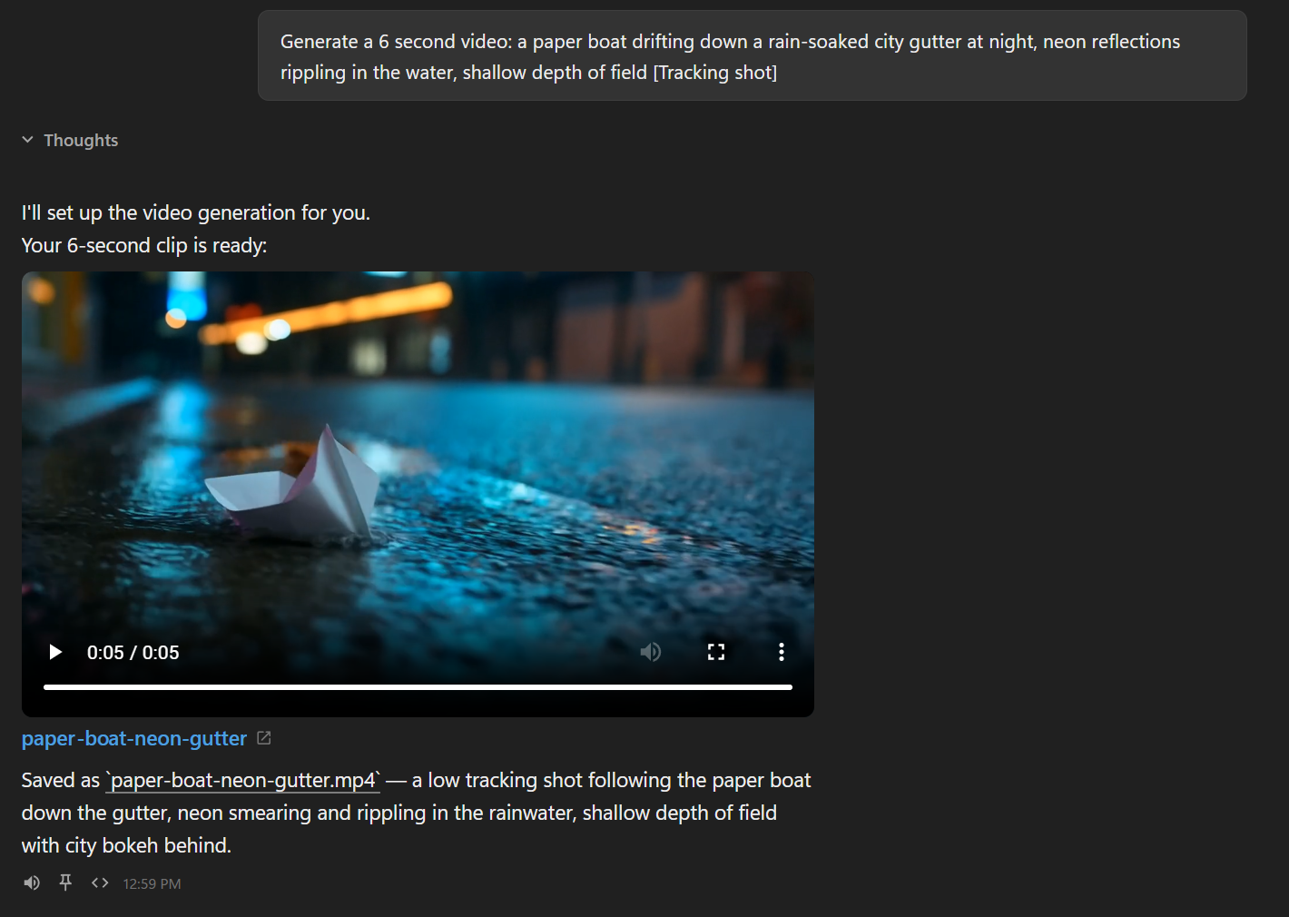 A generated video playing inline in a Plexon conversation, with the file name below it as a link