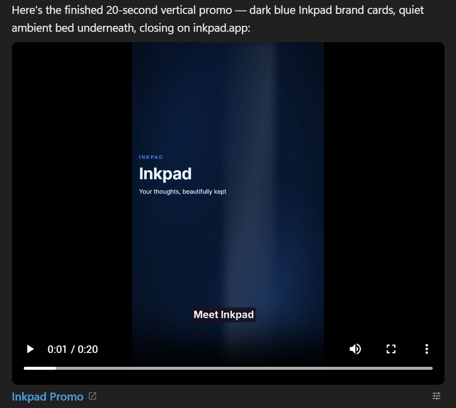 A composed 20 second vertical promo playing on its card in a Plexon conversation, captions burned in, with the file name and an edit control below it