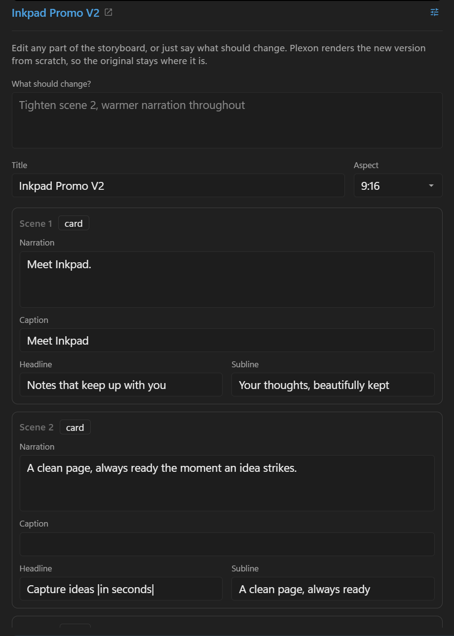 The edit panel open on a composed video, every scene pre-filled with its narration, caption, headline, and subline