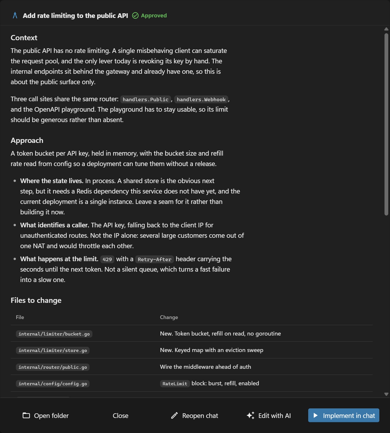 A saved plan open in its detail dialog: the title with an Approved status beside it, the plan rendered as markdown with Context, Approach, and a Files to change table, and a row of actions along the bottom reading Open folder, Close, Reopen chat, Edit with AI, and Implement in chat