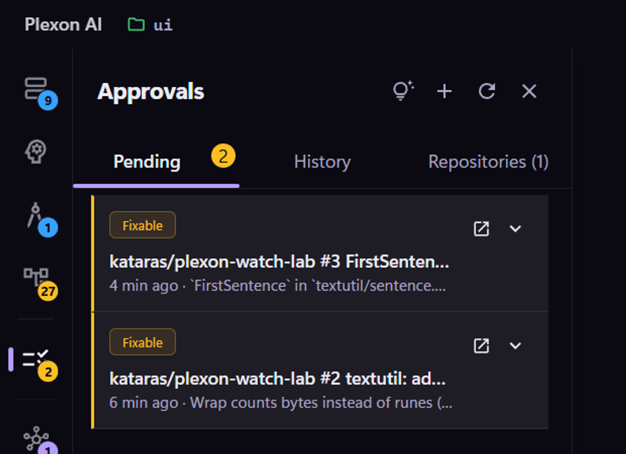 The Approvals panel showing two pending cards, each with an amber Fixable verdict chip, above Pending, History and Repositories tabs