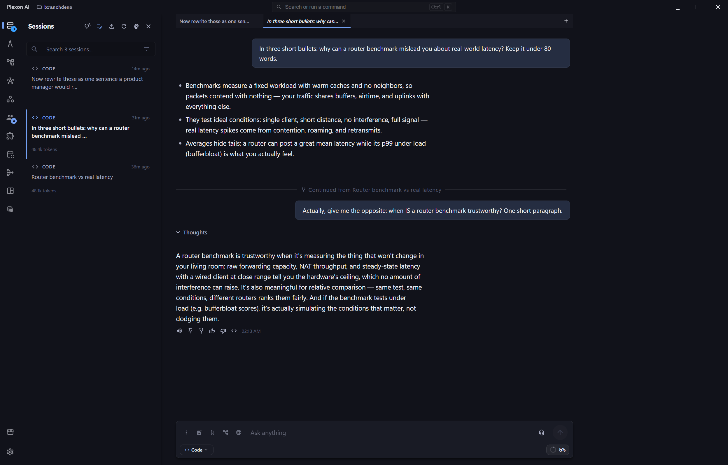 A branched chat: the sidebar lists the original and two branches under different names, and a line across the transcript reads "Continued from Router benchmark vs real latency" with new work below it